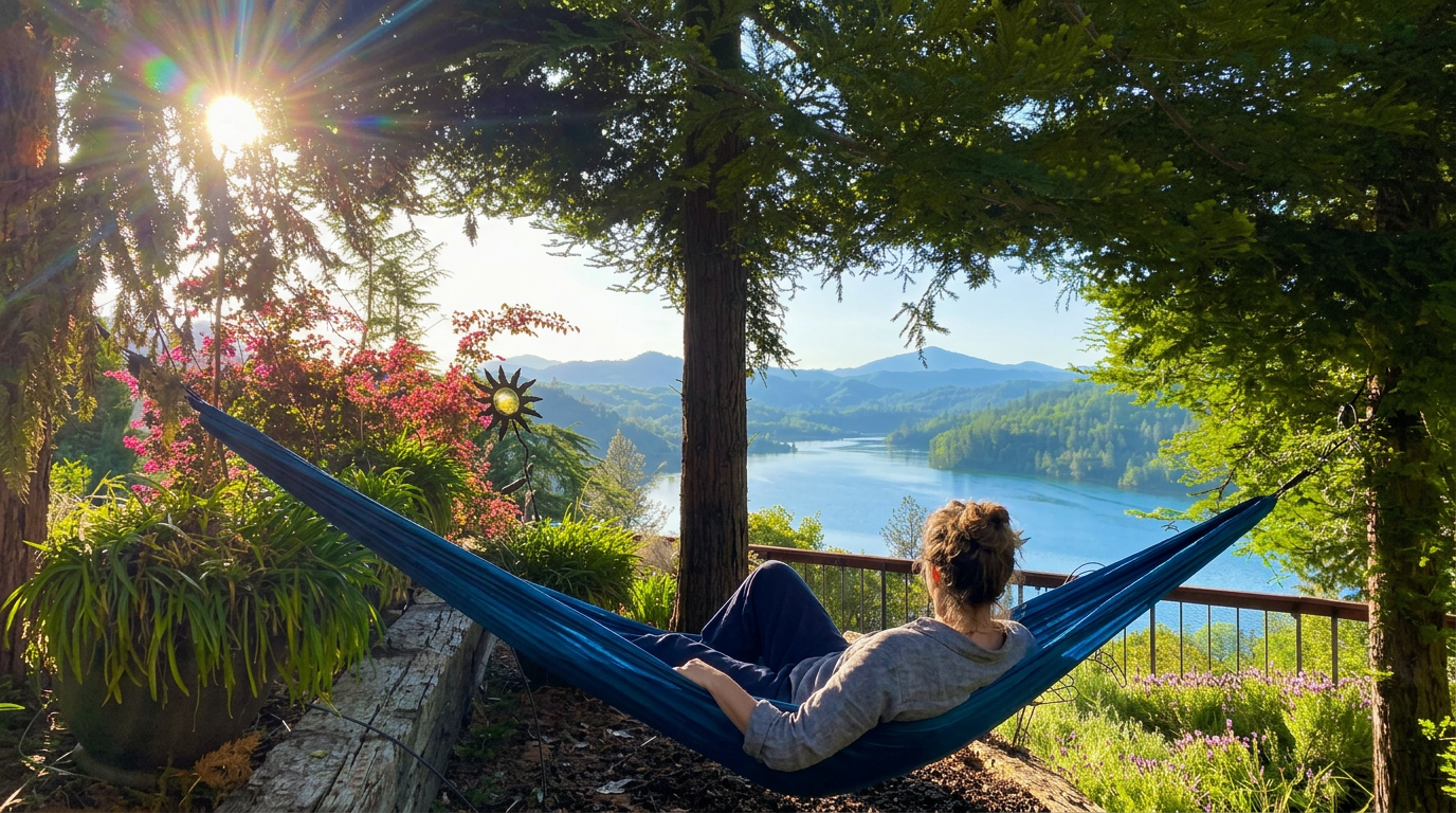Person relaxing in hammock overlooking Shasta Lake — corporate retreat venue