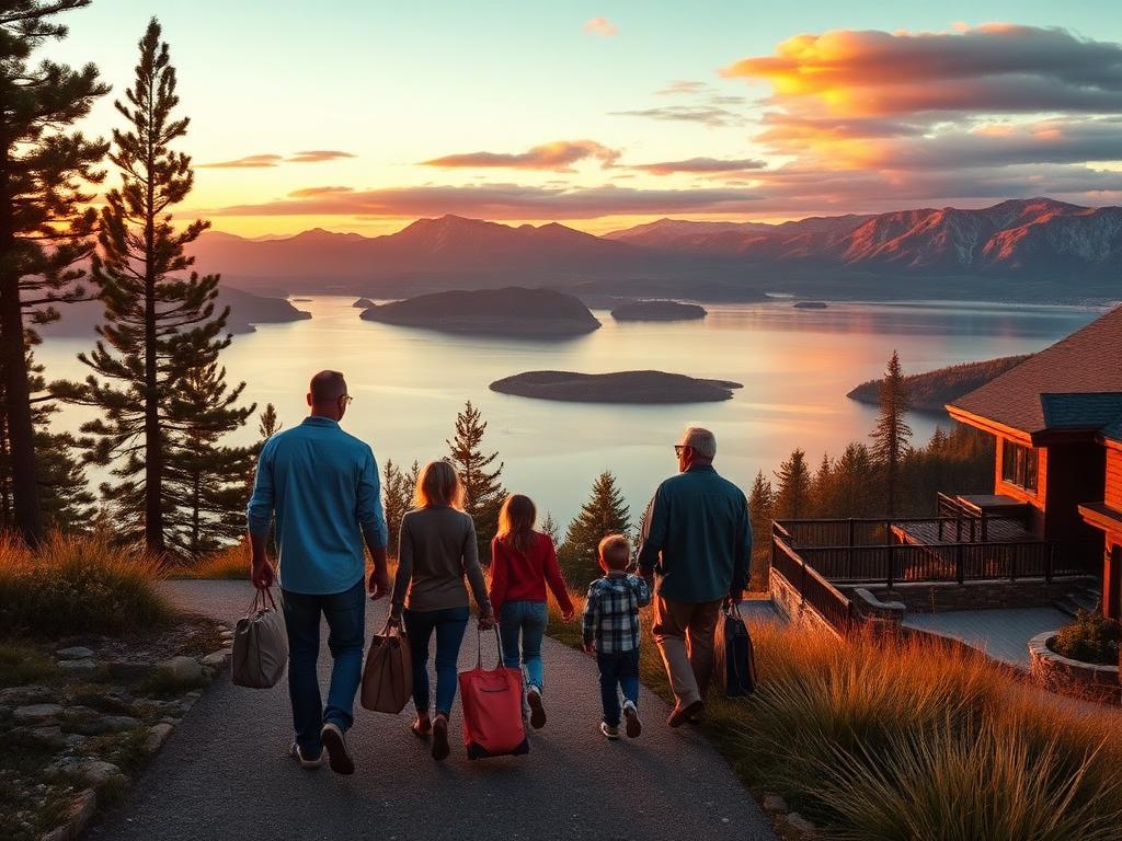 Family arriving at sunset
