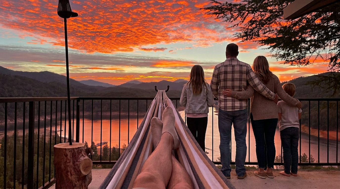 Panoramic view of Shasta Lake from The Zen Retreats estate